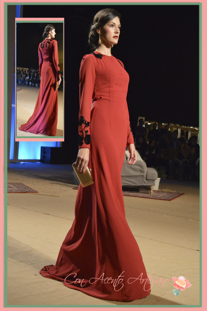 Vestido rojo de noche con aplicaciones de terciopelo de Felipe Duque en Sevilla de Boda 2014